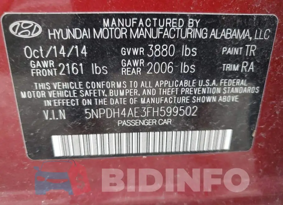 5NPDH4AE3FH599502 Photo# 12
