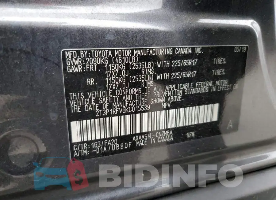 2T3P1RFV6KC015539 Photo# 12
