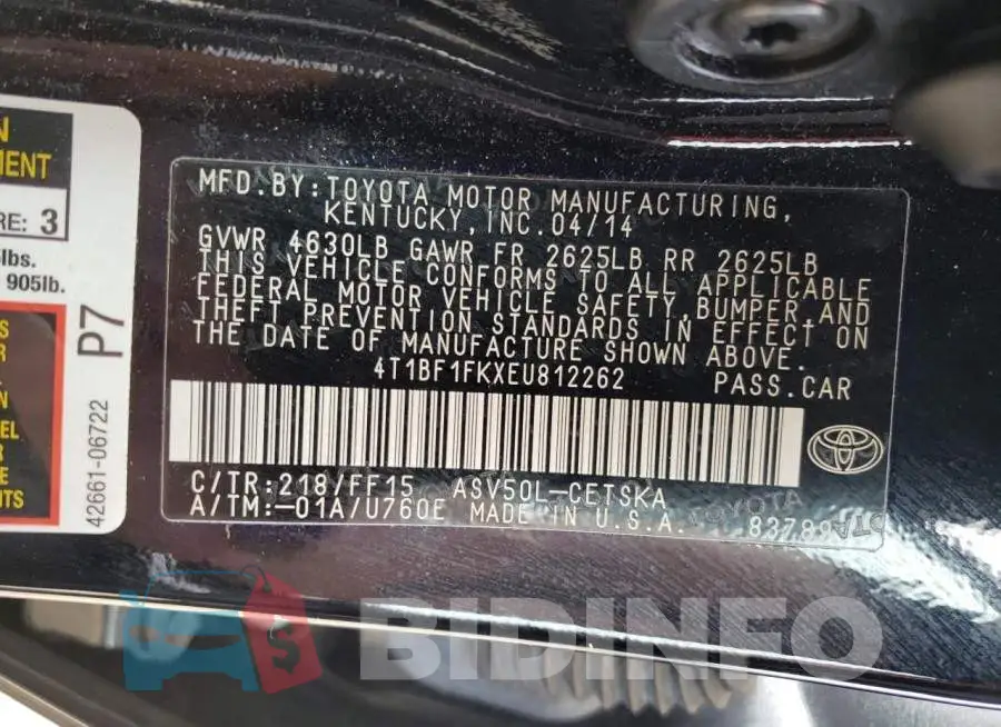 4T1BF1FKXEU812262 Photo# 12