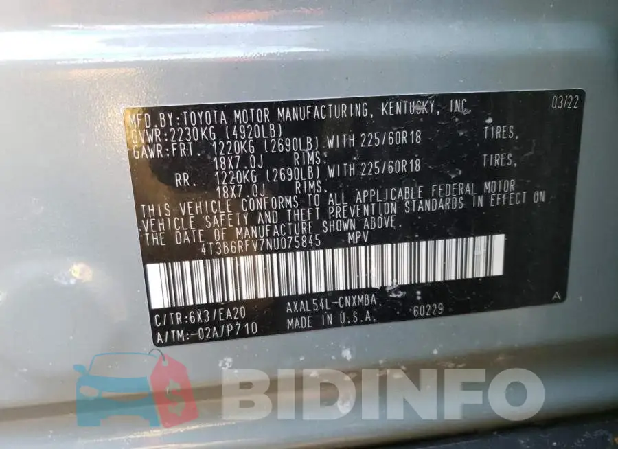 4T3B6RFV7NU075845 Photo# 12