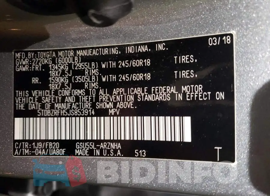 5TDBZRFH5JS853914 Photo# 12