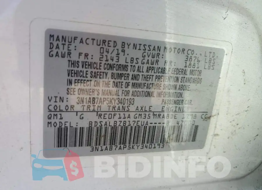 3N1AB7AP5KY340193 Photo# 12