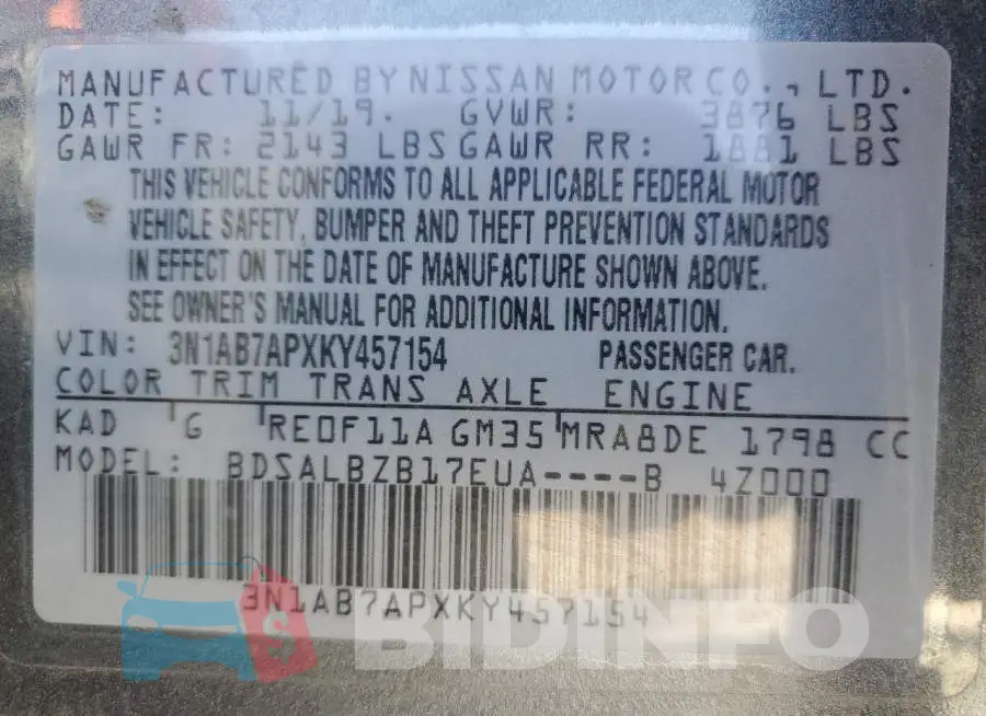 3N1AB7APXKY457154 Photo# 13