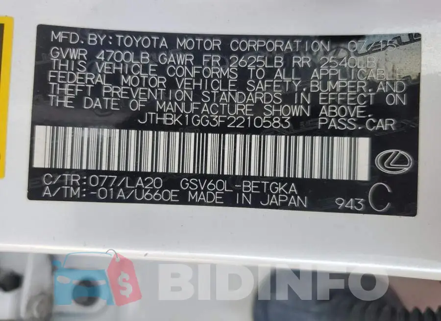 JTHBK1GG3F2210583 Photo# 13