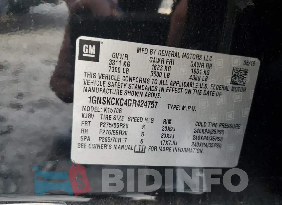 1GNSKCKC4GR424757 Photo# 13