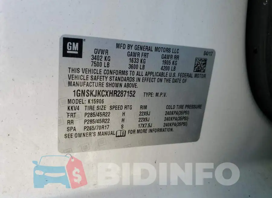 1GNSKJKCXHR287152 Photo# 12