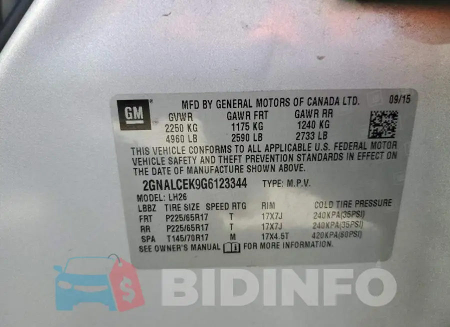 2GNALCEK9G6123344 Photo# 13