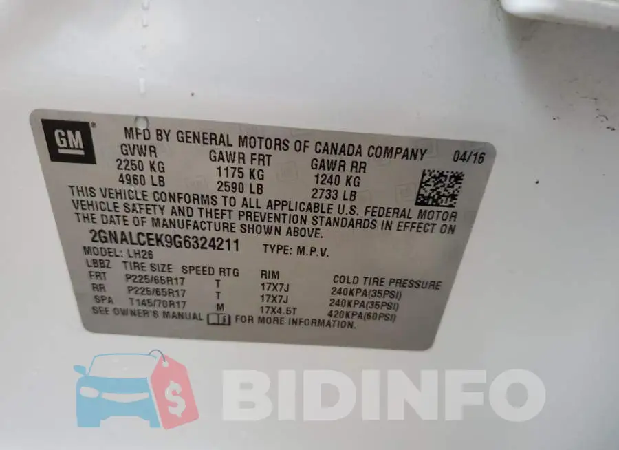 2GNALCEK9G6324211 Photo# 13