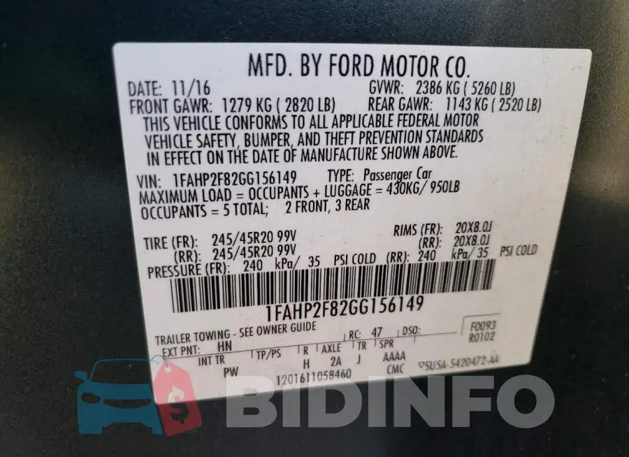 1FAHP2F82GG156149 Photo# 12
