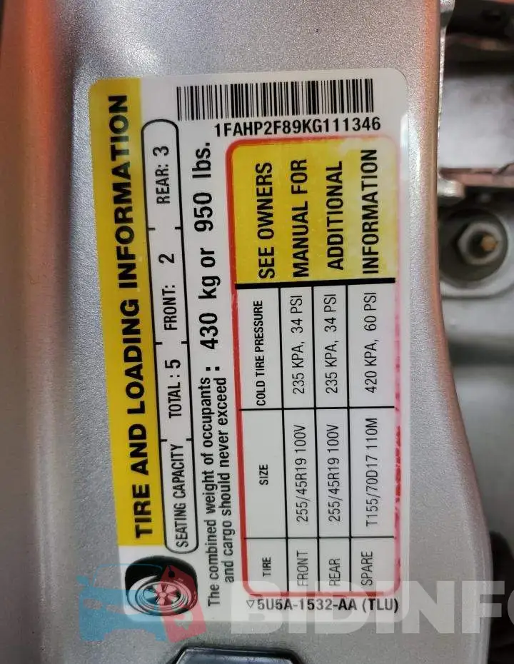 1FAHP2F89KG111346 Photo# 12