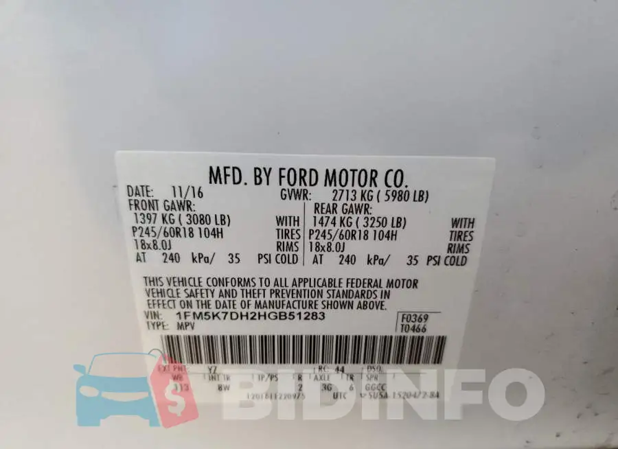 1FM5K7DH2HGB51283 Photo# 13