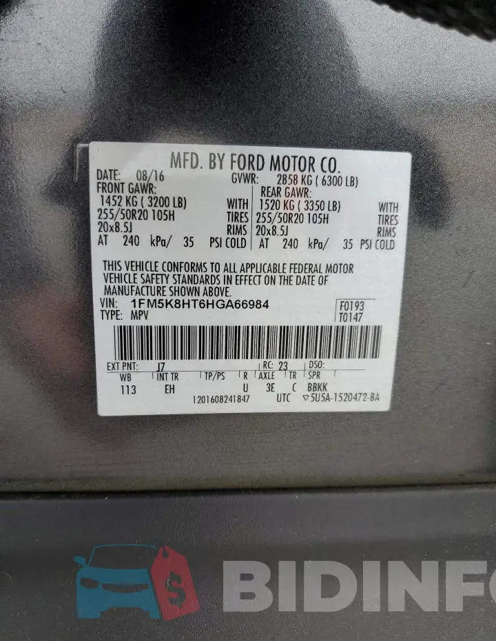1FM5K8HT6HGA66984 Photo# 14