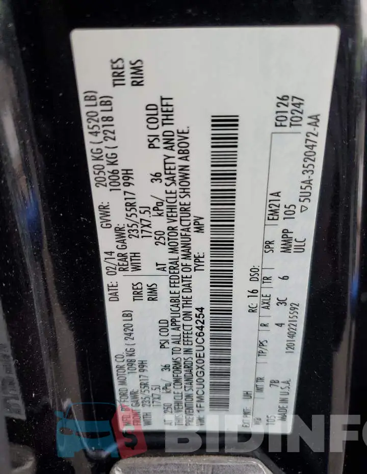 1FMCU0GX0EUC64254 Photo# 12