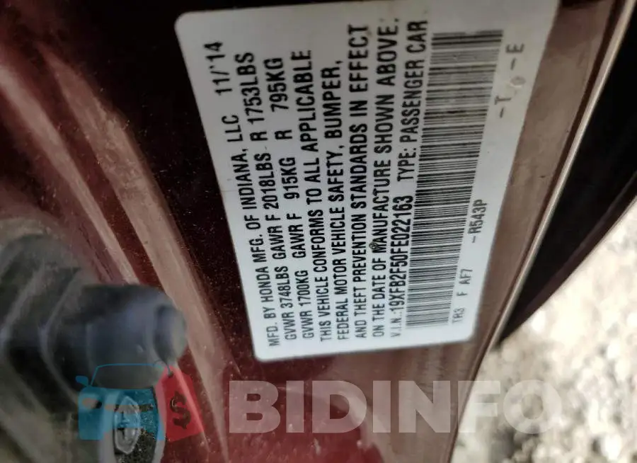 19XFB2F50FE022163 Photo# 12