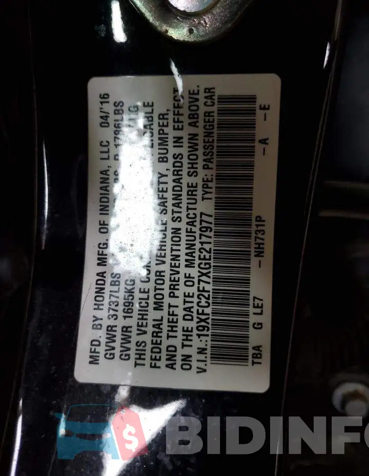 19XFC2F7XGE217977 Photo# 12