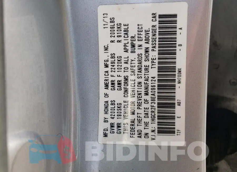 1HGCR2F38EA096124 Photo# 12
