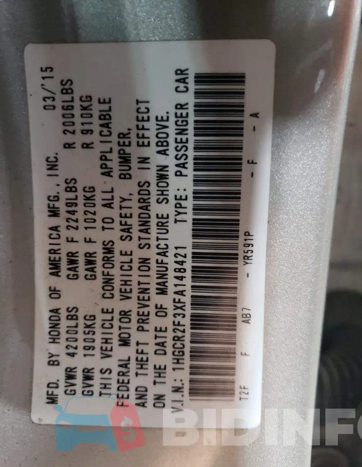 1HGCR2F3XFA148421 Photo# 12