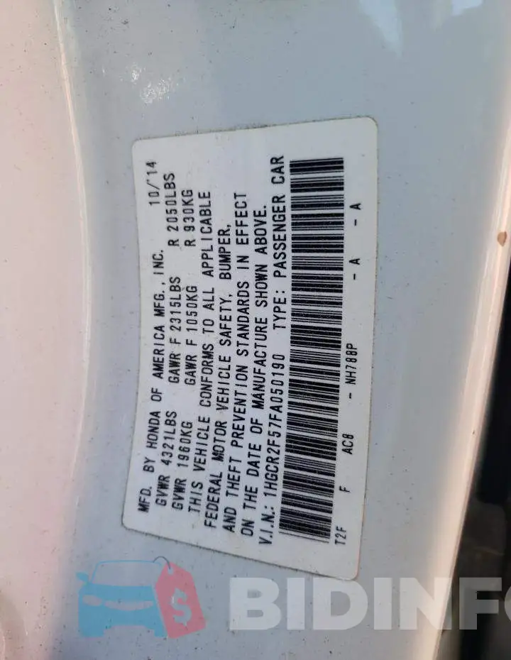 1HGCR2F57FA050190 Photo# 12