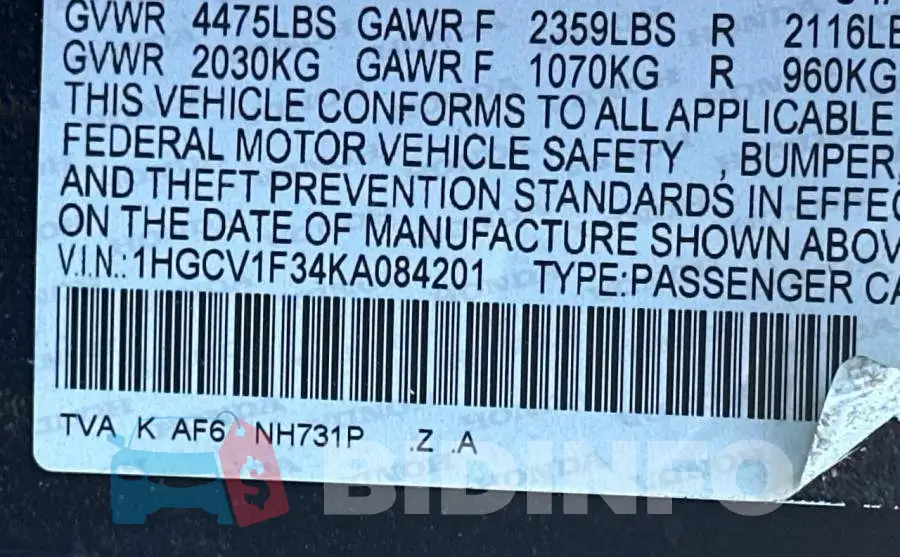 1HGCV1F34KA084201 Photo# 10