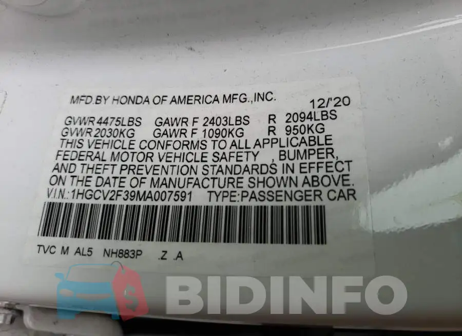 1HGCV2F39MA007591 Photo# 12