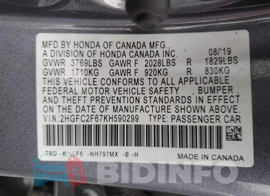 2HGFC2F67KH590299 Photo# 13