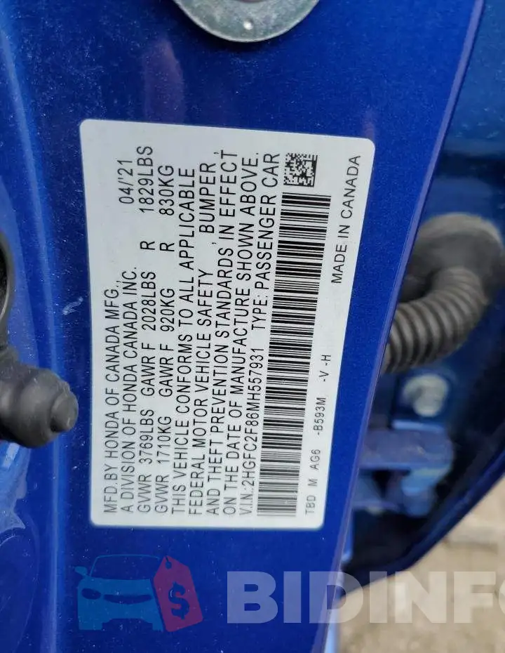 2HGFC2F86MH557931 Photo# 13