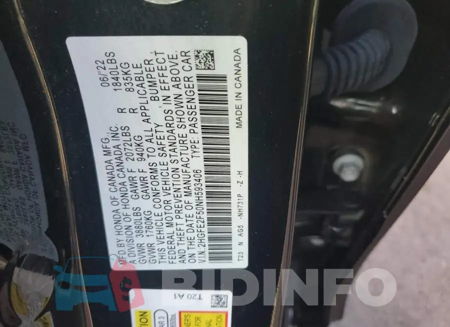 2HGFE2F50NH593406 Photo# 12