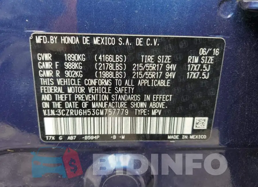 3CZRU6H53GM757779 Photo# 12