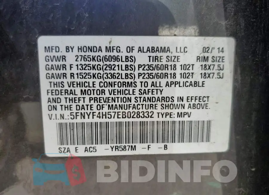 5FNYF4H57EB028332 Photo# 13