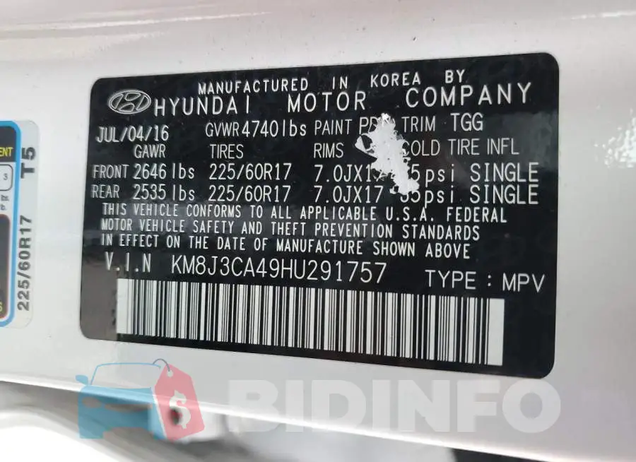 KM8J3CA49HU291757 Photo# 14