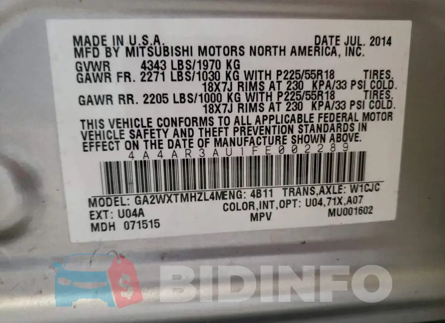 4A4AR3AU1FE002289 Photo# 13