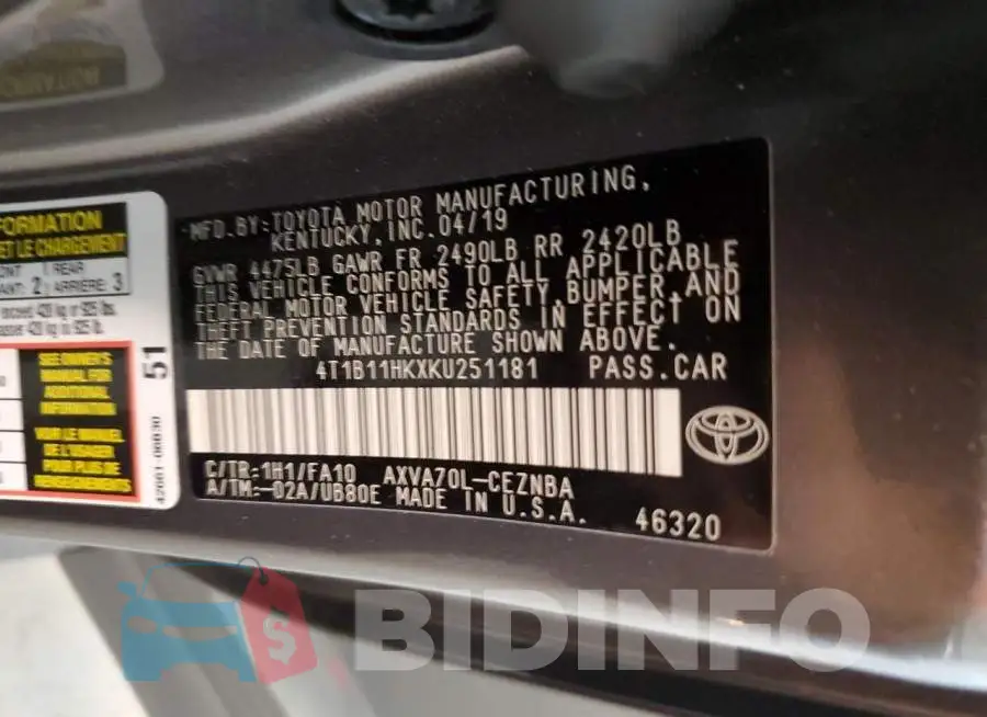 4T1B11HKXKU251181 Photo# 12