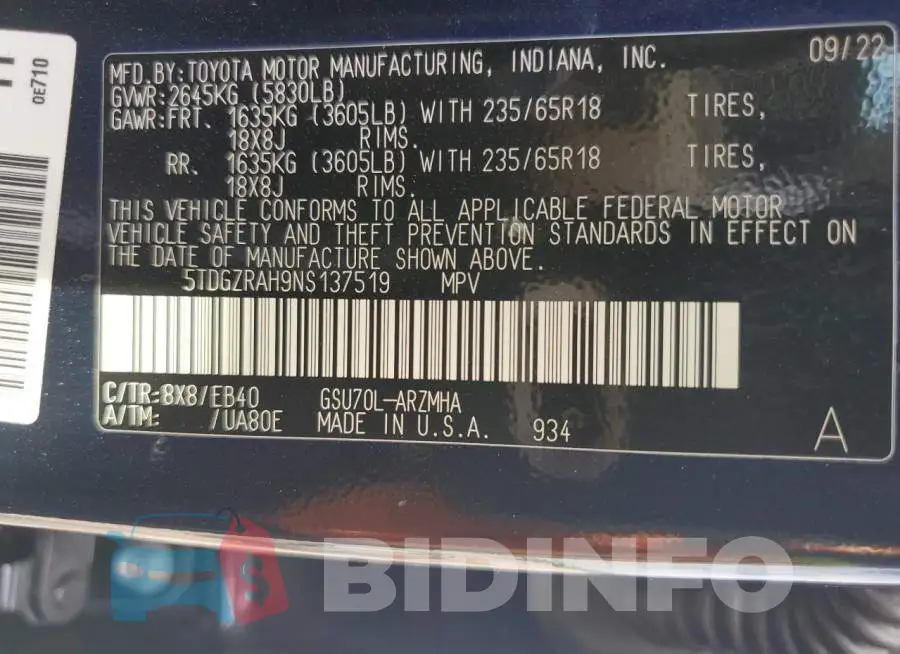 5TDGZRAH9NS137519 Photo# 13