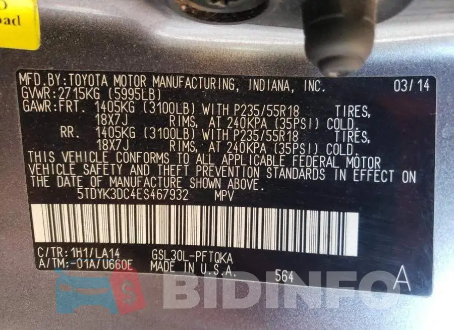 5TDYK3DC4ES467932 Photo# 14