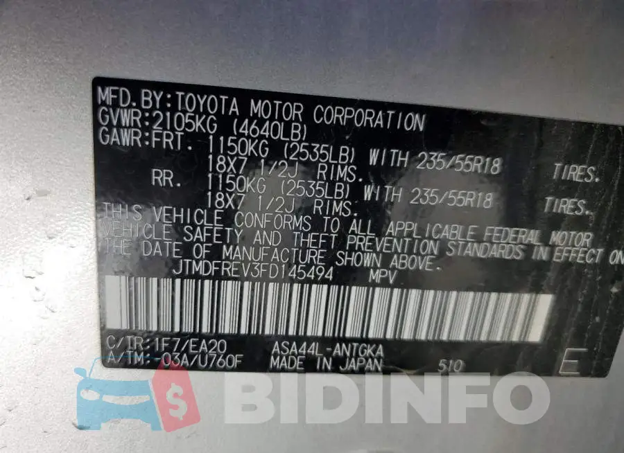 JTMDFREV3FD145494 Photo# 13