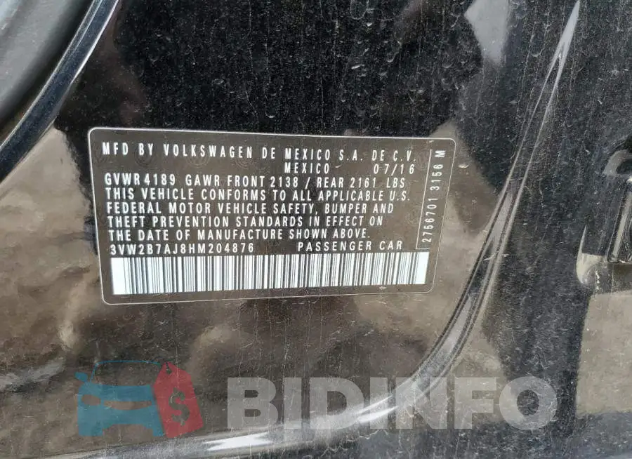 3VW2B7AJ8HM204876 Photo# 12