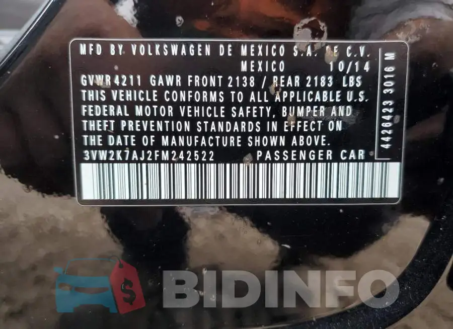 3VW2K7AJ2FM242522 Photo# 13