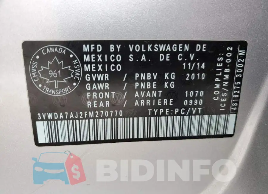 3VWDA7AJ2FM270770 Photo# 13