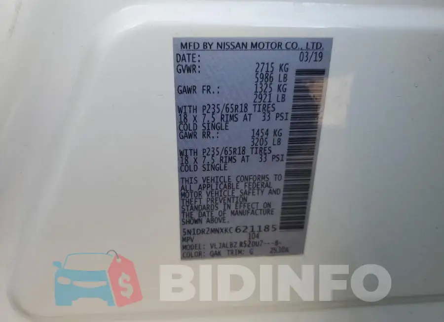 5N1DR2MNXKC621185 Photo# 12
