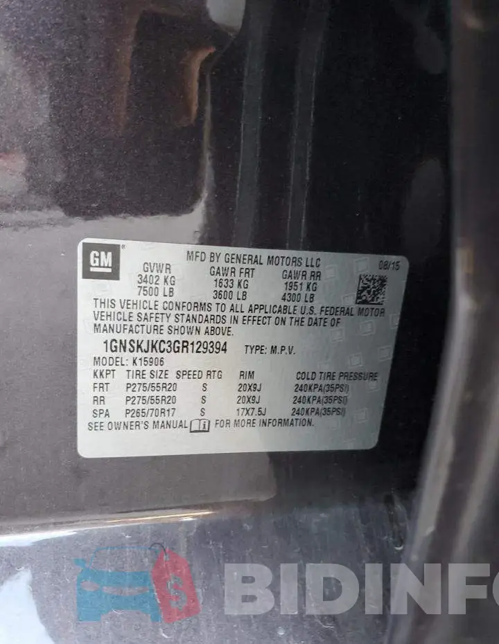 1GNSKJKC3GR129394 Photo# 12