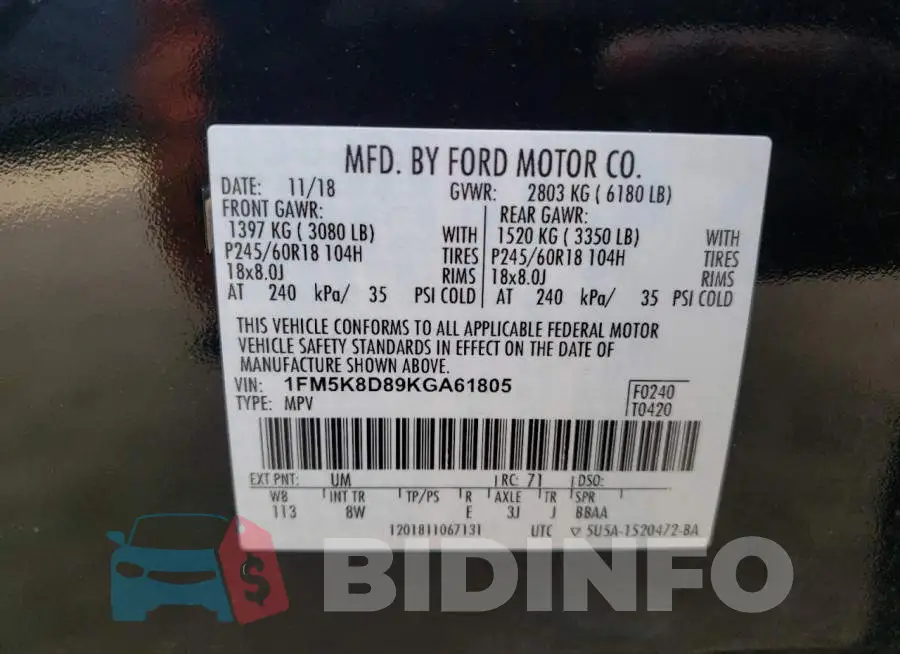 1FM5K8D89KGA61805 Photo# 13
