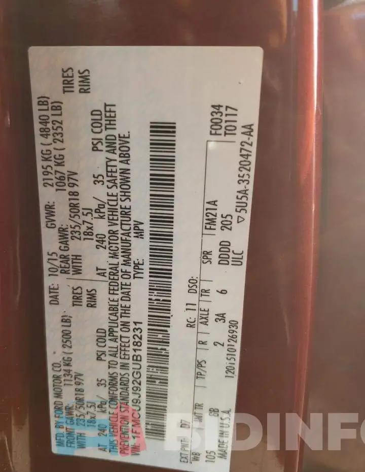 1FMCU9J92GUB18231 Photo# 12