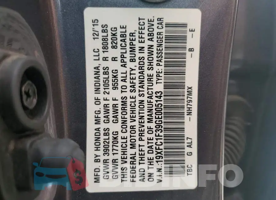 19XFC1F39GE005143 Photo# 12