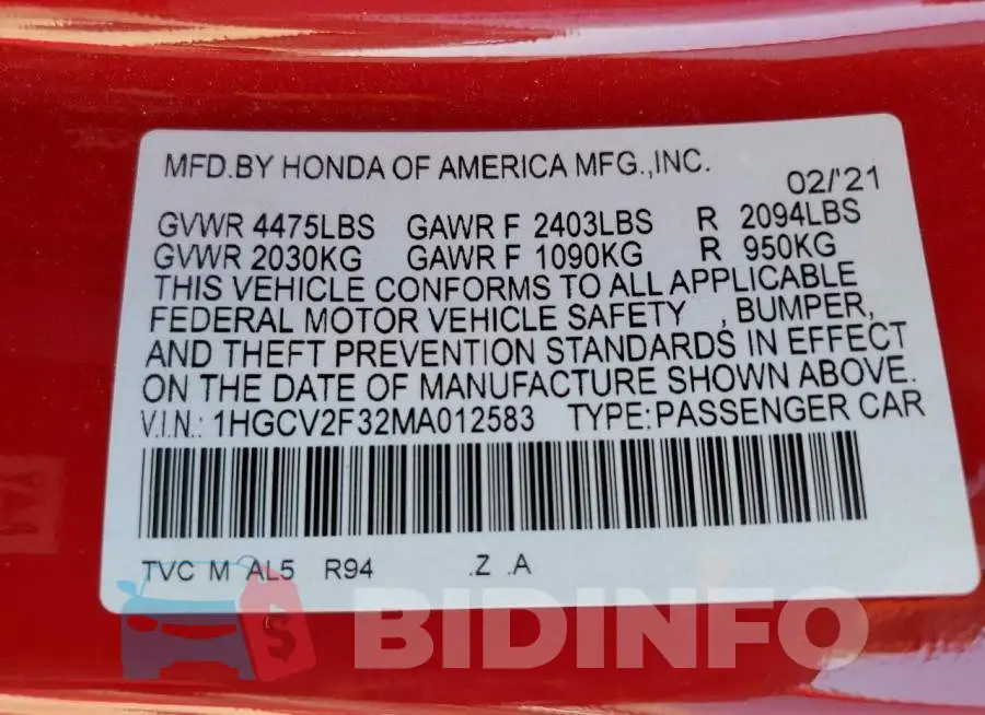 1HGCV2F32MA012583 Photo# 12