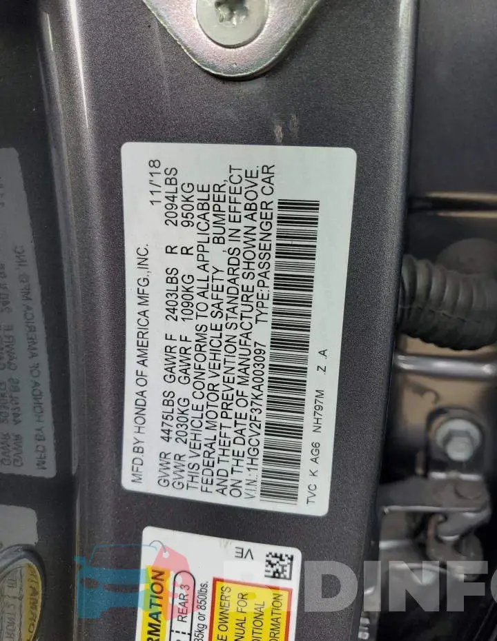 1HGCV2F37KA003097 Photo# 12