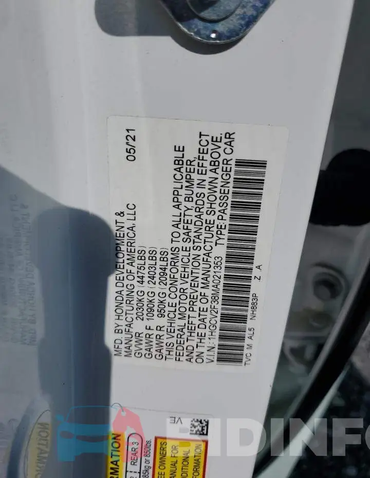 1HGCV2F38MA021353 Photo# 12