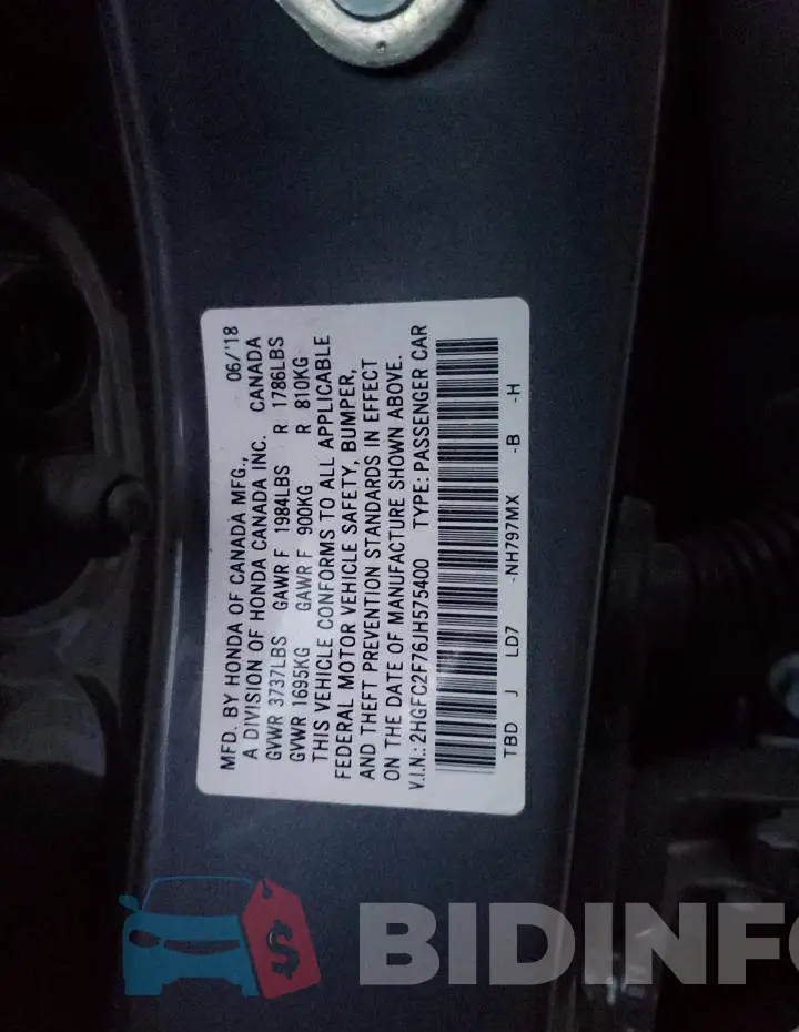 2HGFC2F76JH575400 Photo# 12