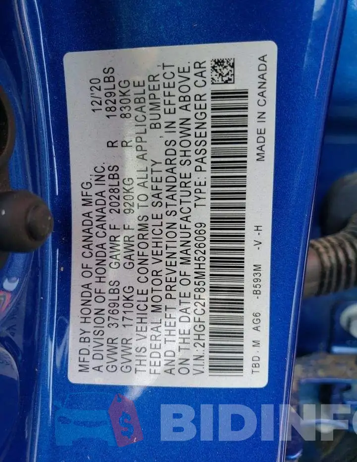 2HGFC2F85MH526069 Photo# 12