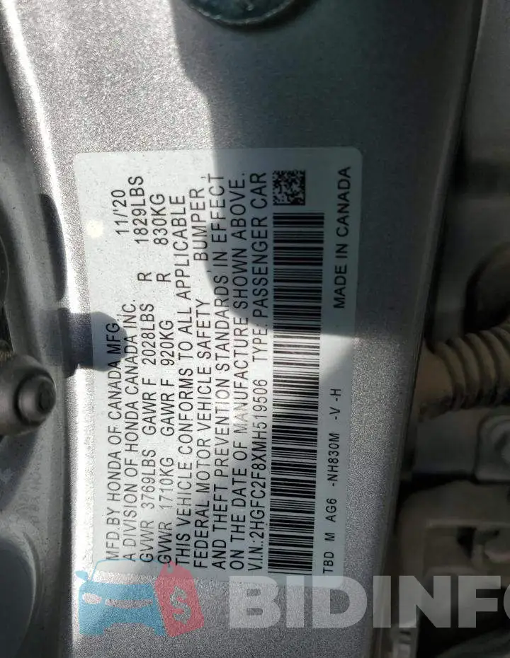 2HGFC2F8XMH519506 Photo# 12
