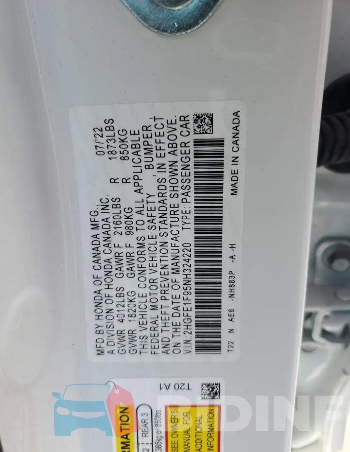 2HGFE1F95NH324220 Photo# 12